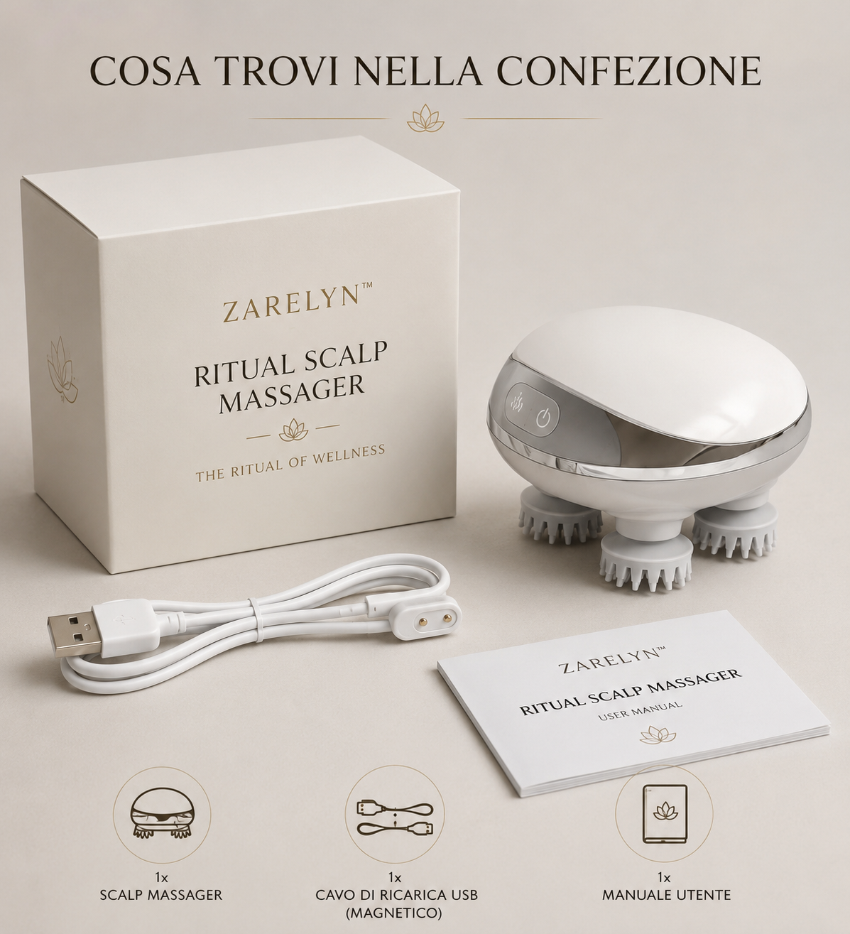 ZARELYN™ Ritual Scalp Massaggiatore per cuoio capelluto IPX7 con luce rossa, calore rilassante e ricarica magnetica USB.